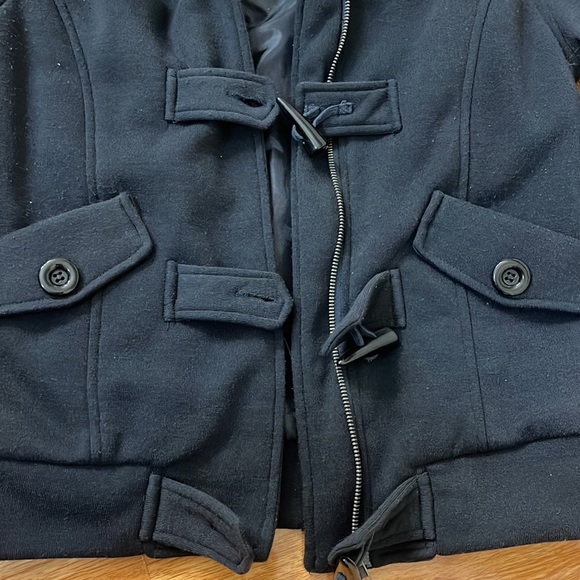 NWOT Navy Blue Preppy Pea Coat Toggle Buttons Jacket with Faux Fur Hood - Picture 5 of 10